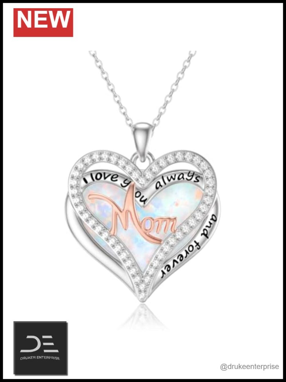 Opal Heart Pendant Necklace for Mom Grandma 14K White Gold Plated Jewelry